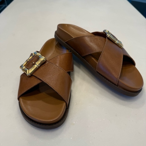 SCHUTZ Enola Crisscross Buckle CAMEL Leather Sandals Slides Women's 7 NEW! - Picture 2 of 10